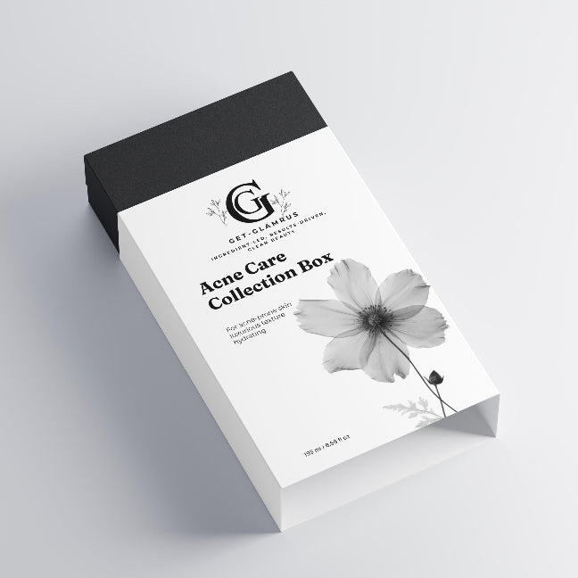 Acne care collection box with a flower design on a light gray background