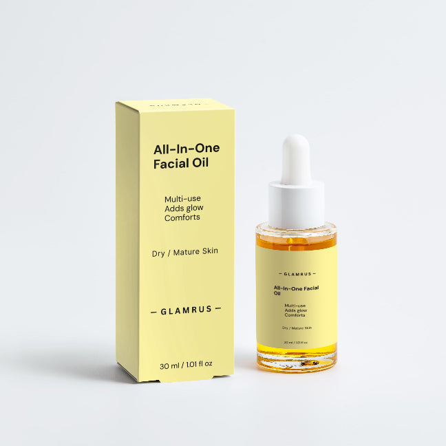 Glamrus All-In-One Facial Oil with packaging on a light gray background