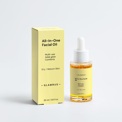 Glamrus All-In-One Facial Oil with packaging on a light gray background