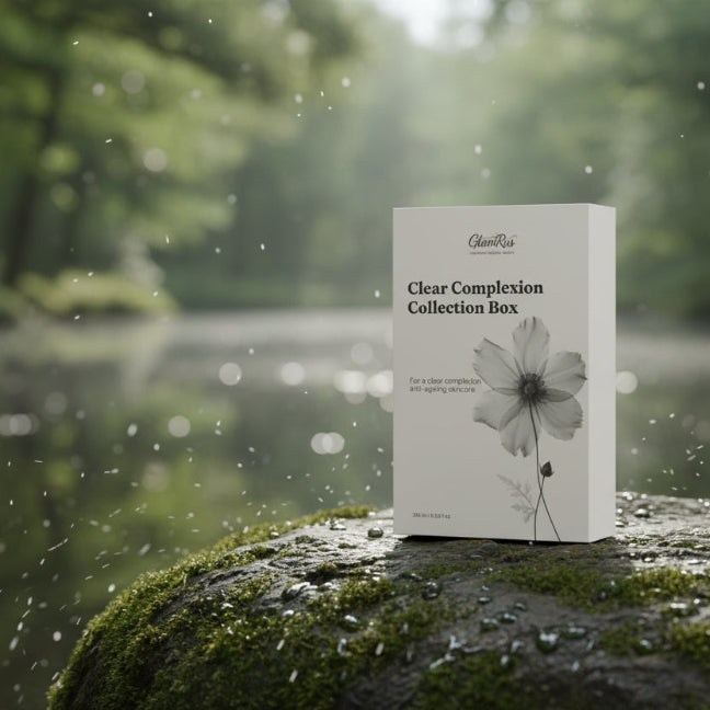 Cosmetic collection box on a rock with a natural background