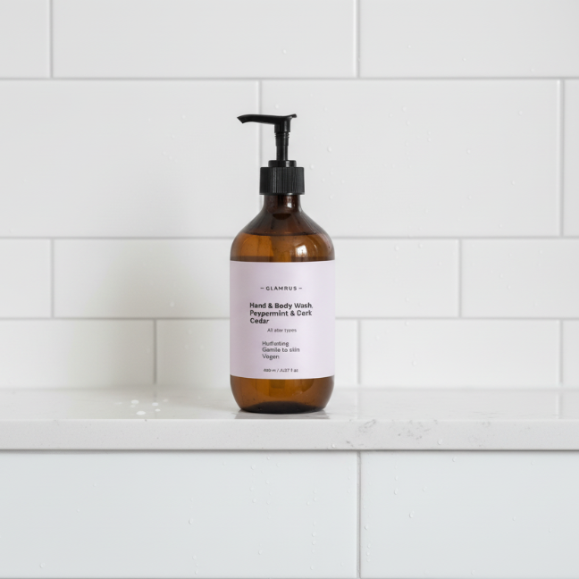 Hand & Body Wash, Peppermint & Dark Cedar 490 ml / 16.57 fl oz (Amber Bottle)