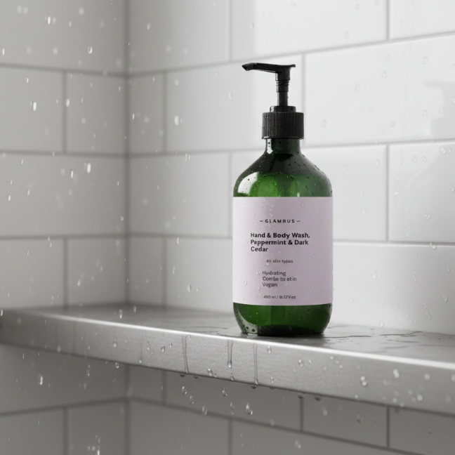 Hand & Body Wash, Peppermint & Dark Cedar 490 ml / 16.57 fl oz (Green Bottle)