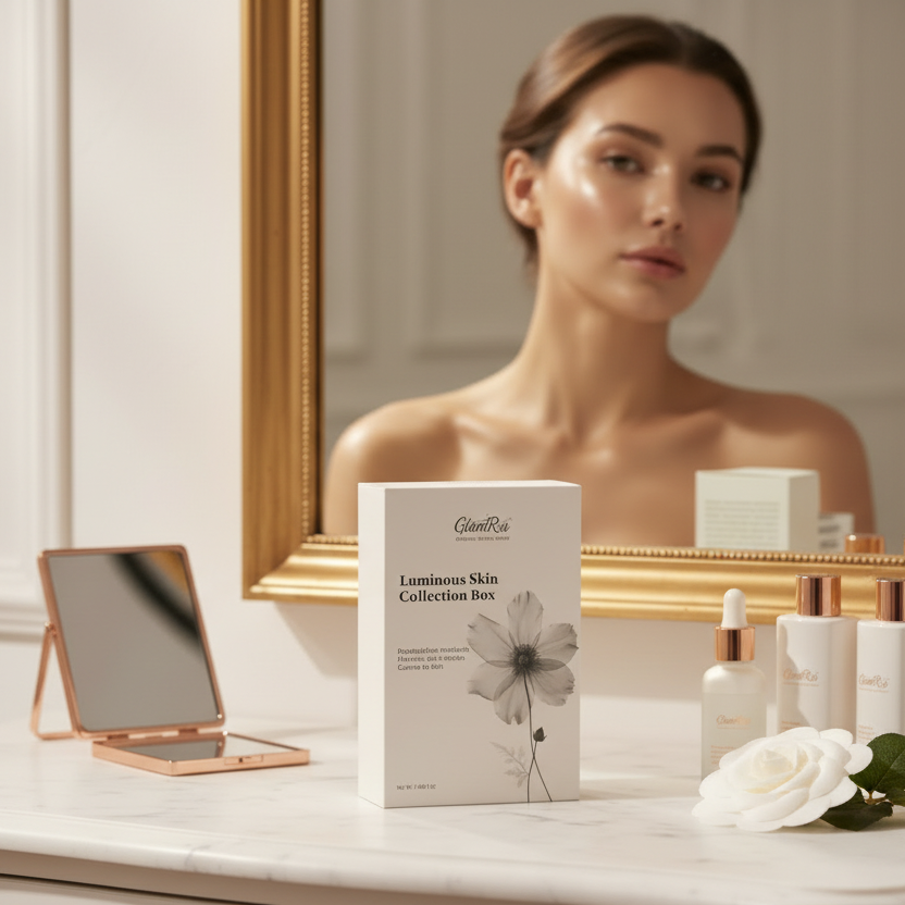 Woman looking at skincare products on a vanity with a mirror in the background