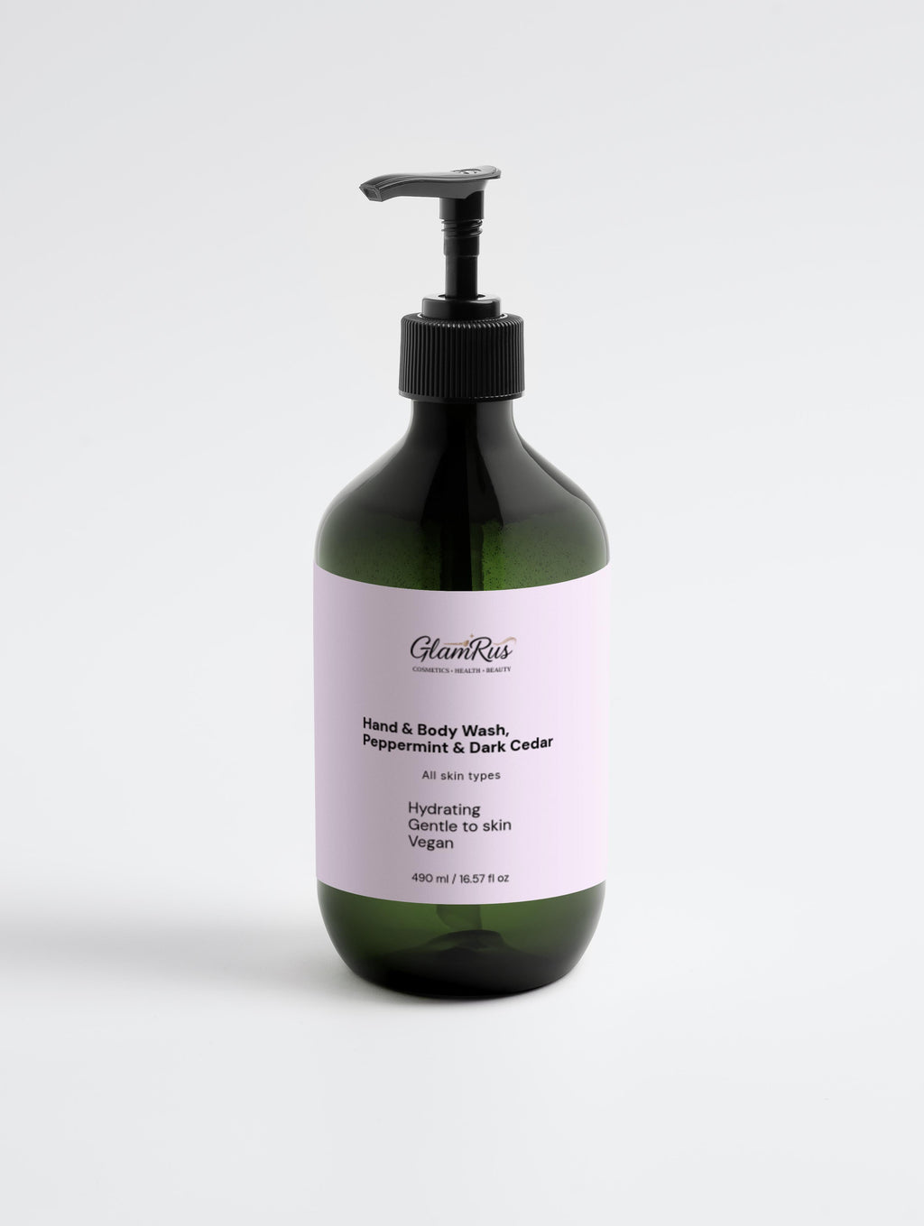 Glamrus Hand & Body Wash, Peppermint & Dark Cedar 490 ml / 16.57 fl oz (Green Bottle)